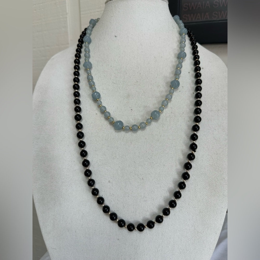 Black and light blue old lady beads with matching black bracelet